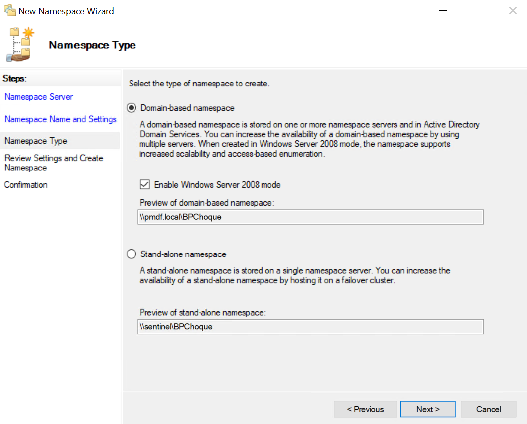 Seleção do tipo de namespace