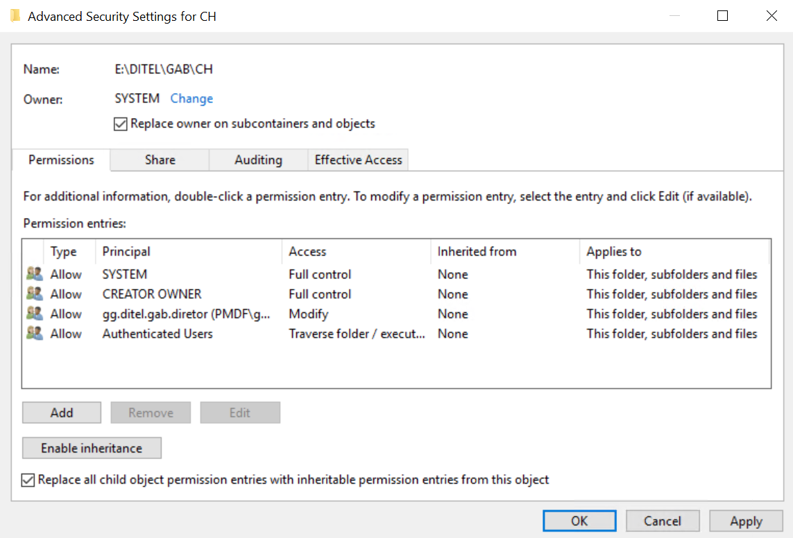 Permissões detalhadas