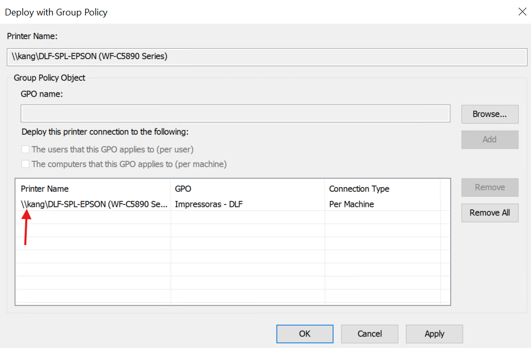 Impressora adicionada na GPO