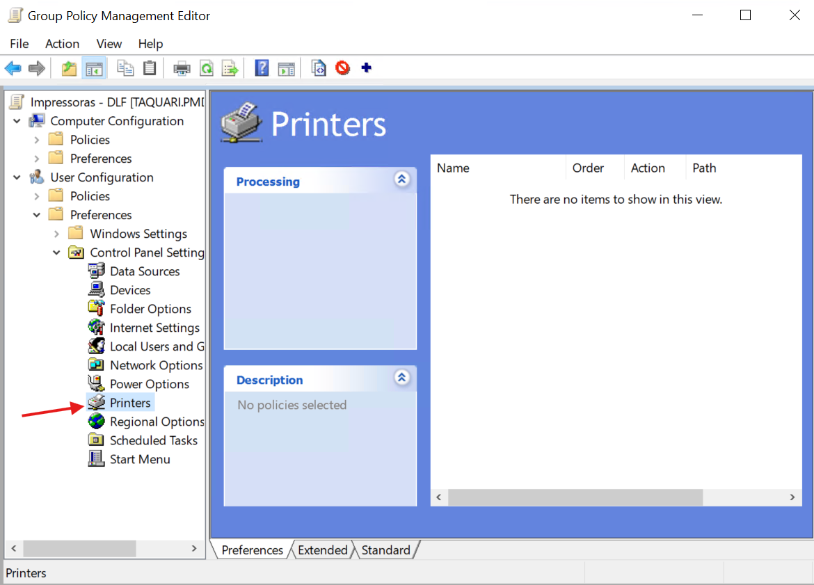 Navegação no editor de GPO