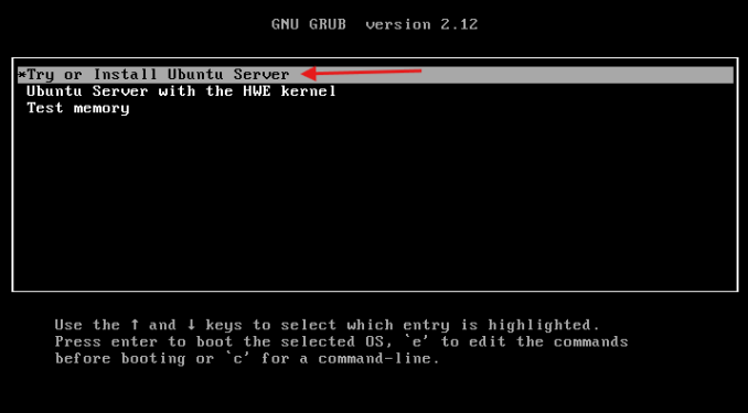 Tela inicial de instalação do Ubuntu Server