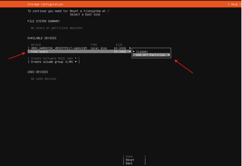 Tela de seleção do particionamento